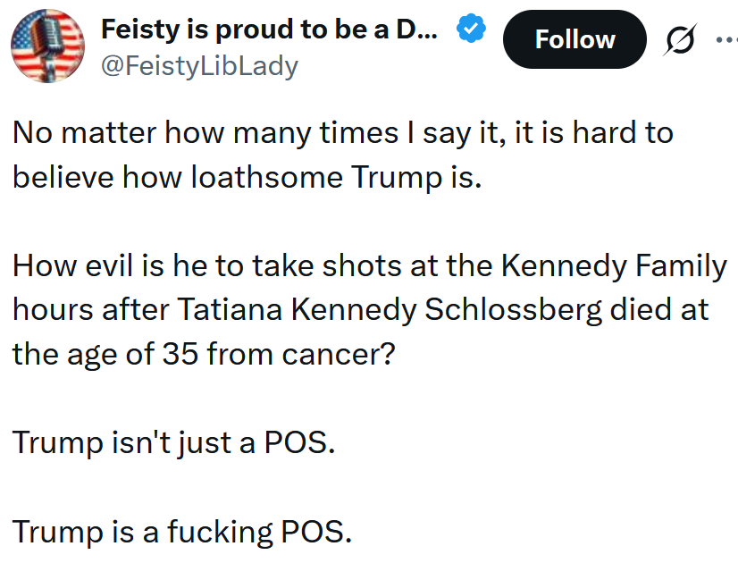 Tweet reading 'No matter how many times I say it, it is hard to believe how loathsome Trump is. How evil is he to take shots at the Kennedy Family hours after Tatiana Kennedy Schlossberg died at the age of 35 from cancer? Trump isn't just a POS. Trump is a fucking POS.'