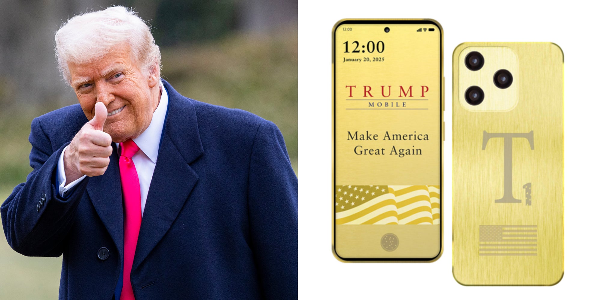 Left: President Donald Trump gives a thumbs up on the South Lawn as he walks into the White House. Right: Mock-up of the front and back of President Donald Trump Mobile's gold-colored T1 smartphone.