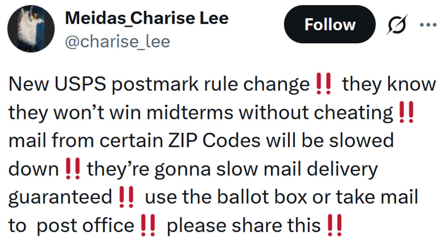 Tweet lendo 'Nova mudança na regra do carimbo postal do USPS‼️ eles sabem que não ganharão as provas sem trapacear‼️ correspondências de certos CEPs serão desaceleradas‼️eles vão retardar a entrega de correspondência garantida‼️ use a urna ou leve a correspondência para os correios‼️ por favor, compartilhe isso'