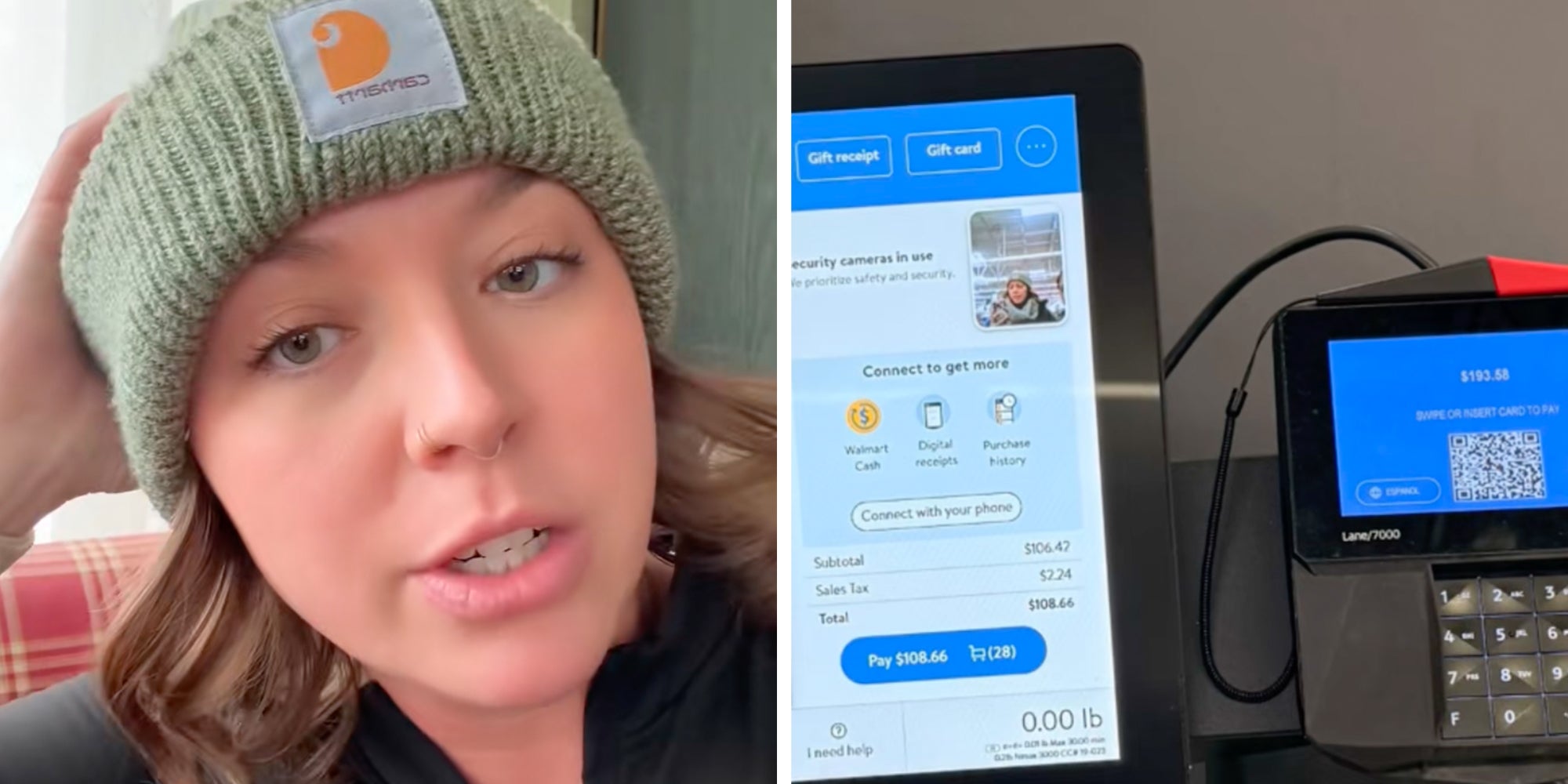Left: Woman in a green Carhartt beanie looking into the camera. Right: Walmart payment terminal showing a discrepancy between screen and credit card reader.