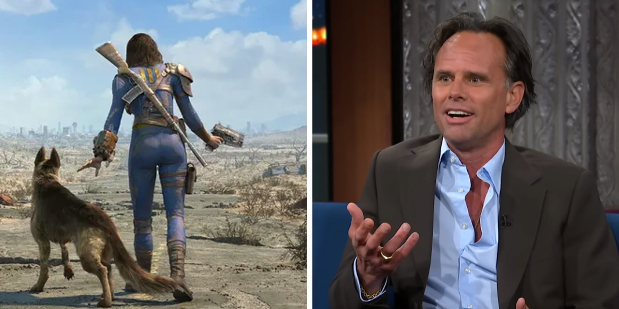 Left: Fallout video game. Right: Actor Walter Goggins on The Late Show with Stephen Colbert.