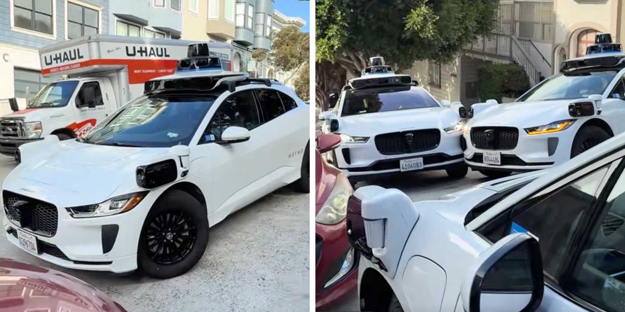 Three Waymo vehicles locked in a standoff on a steep street in San Francisco.