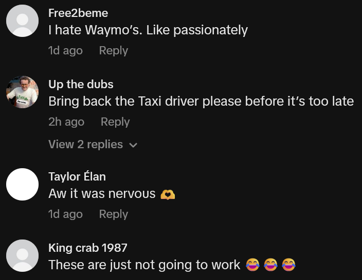 TikTok comments including one reading 'I hate Waymo’s. Like passionately'