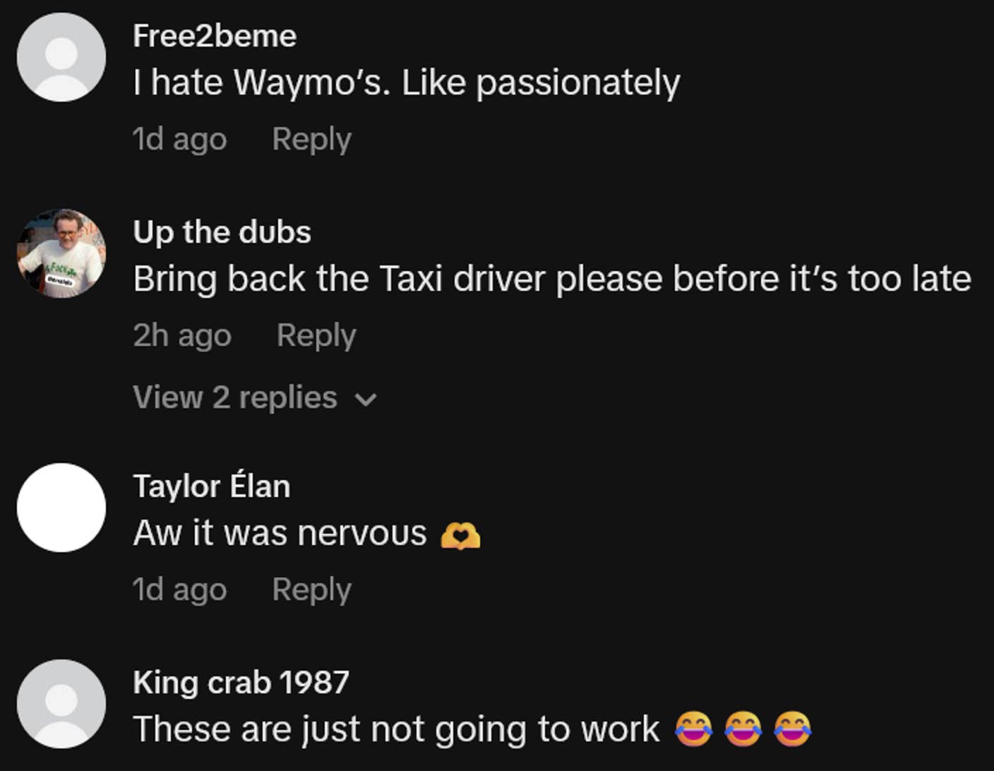 Comentários do TikTok, incluindo um que dizia 'Eu odeio Waymo's. Como apaixonadamente'