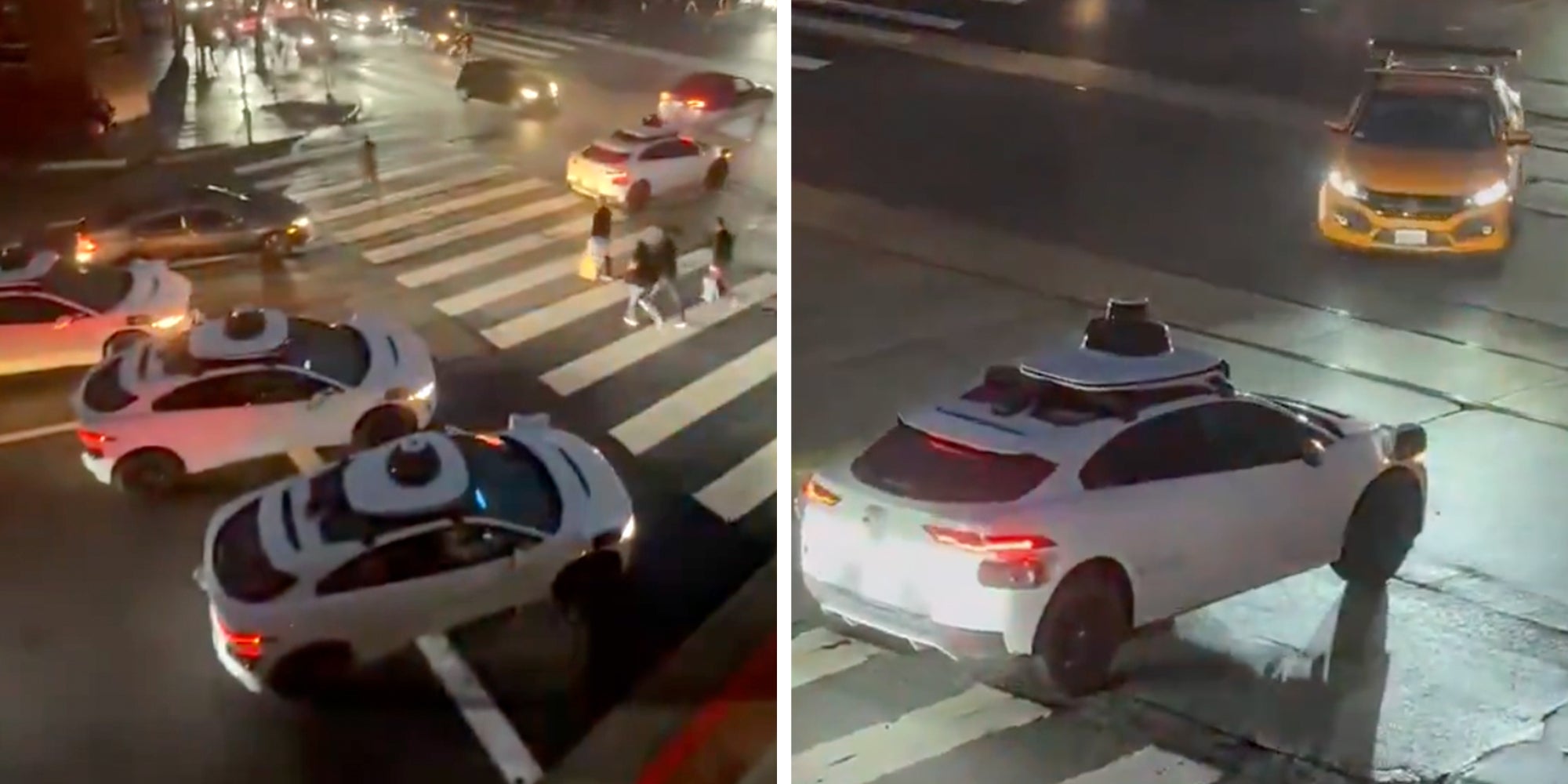 Several Waymo robotaxis seen frozen near a pedestrian crosswalk in San Francisco during a power outage.