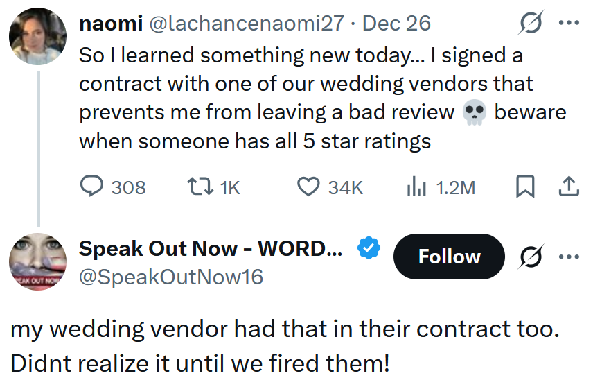 Tweet reply reading 'my wedding vendor had that in their contract too. Didnt realize it until we fired them!'
