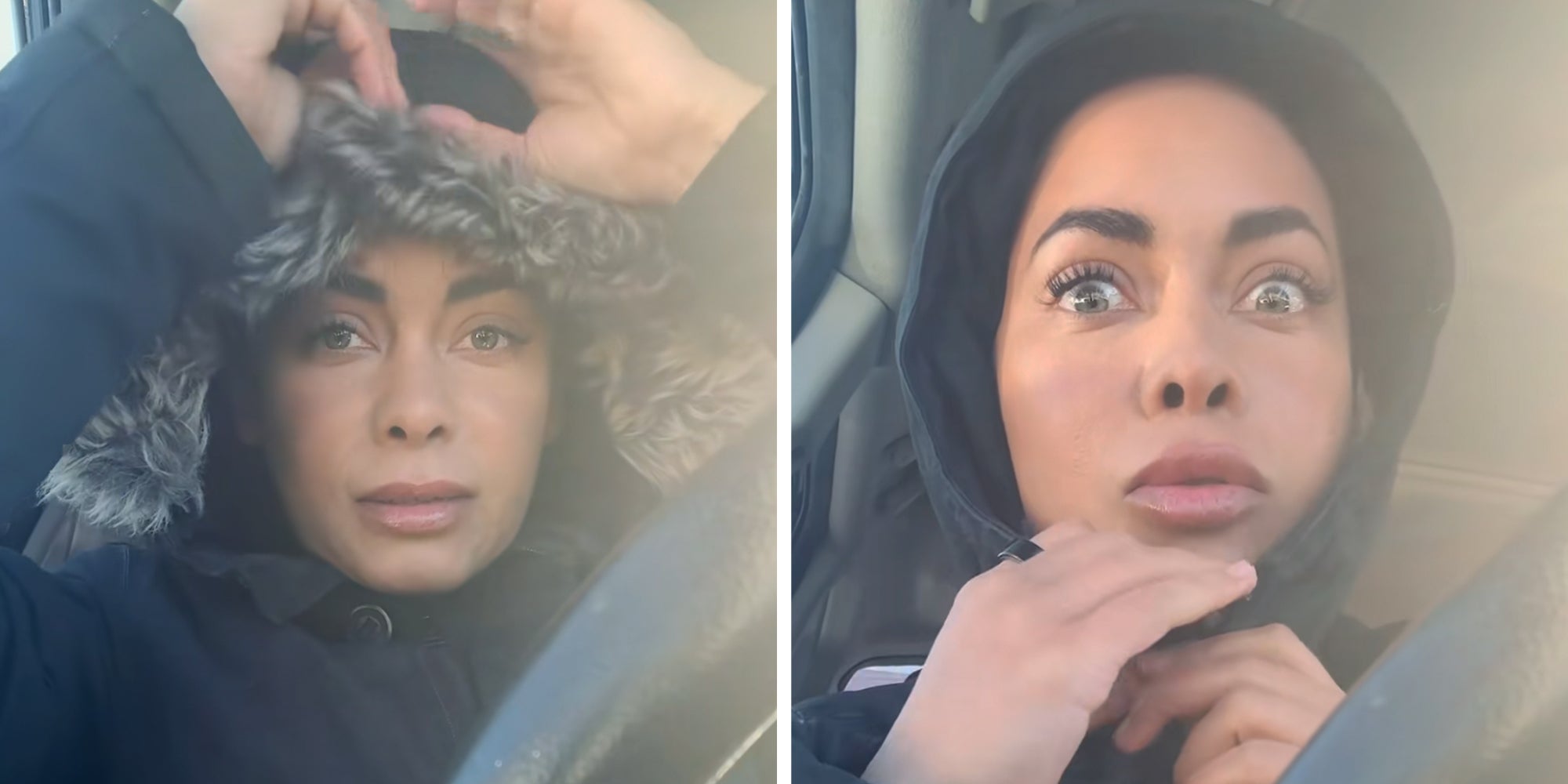 Woman sitting in her car wearing a fur-lined hood.