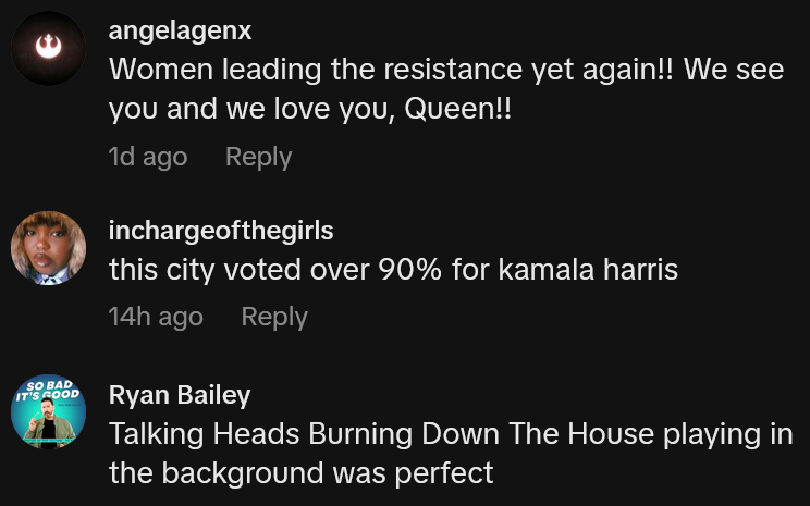 TikTok comments including one reading 'Women leading the resistance yet again!! We see you and we love you, Queen!!'