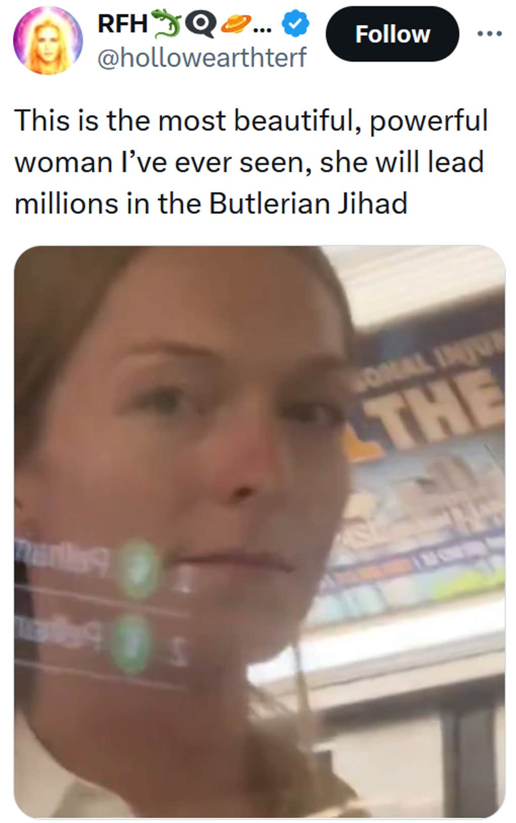 Tweet with a screenshot of a woman's stoic face through subway glass reading 'This is the most beautiful, powerful woman I’ve ever seen, she will lead millions in the Butlerian Jihad'