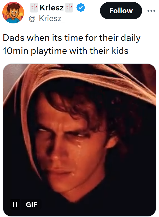 Tweet reading 'Dads when its time for their daily 10min playtime with their kids' with a gif of Sith Anakin crying.