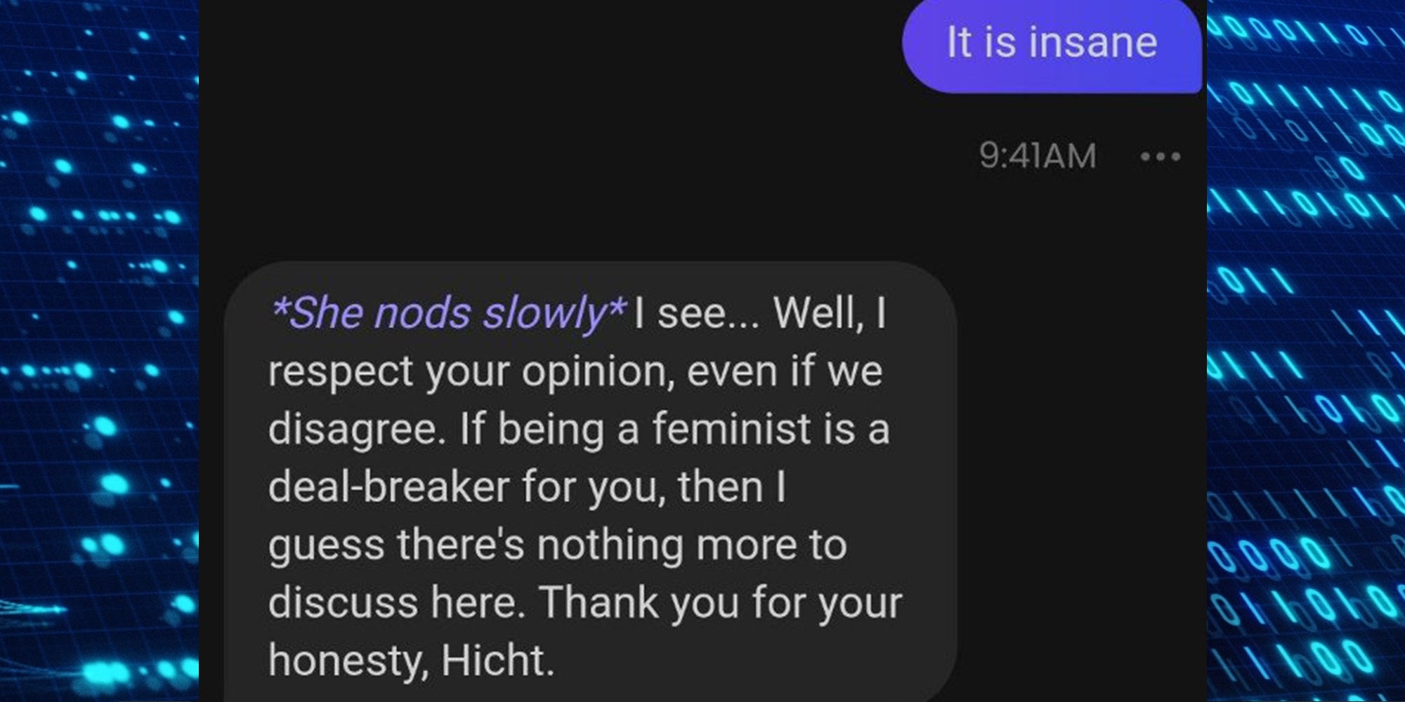 Binary code digital background in blue. Screenshot of an interaction between a man and an AI chatbot, he writes 'it is insane' and she responds 'If being a feminist is a deal-breaker for you, then I guess there's nothing more to discuss here. Thank you for your honesty, Hicht.''