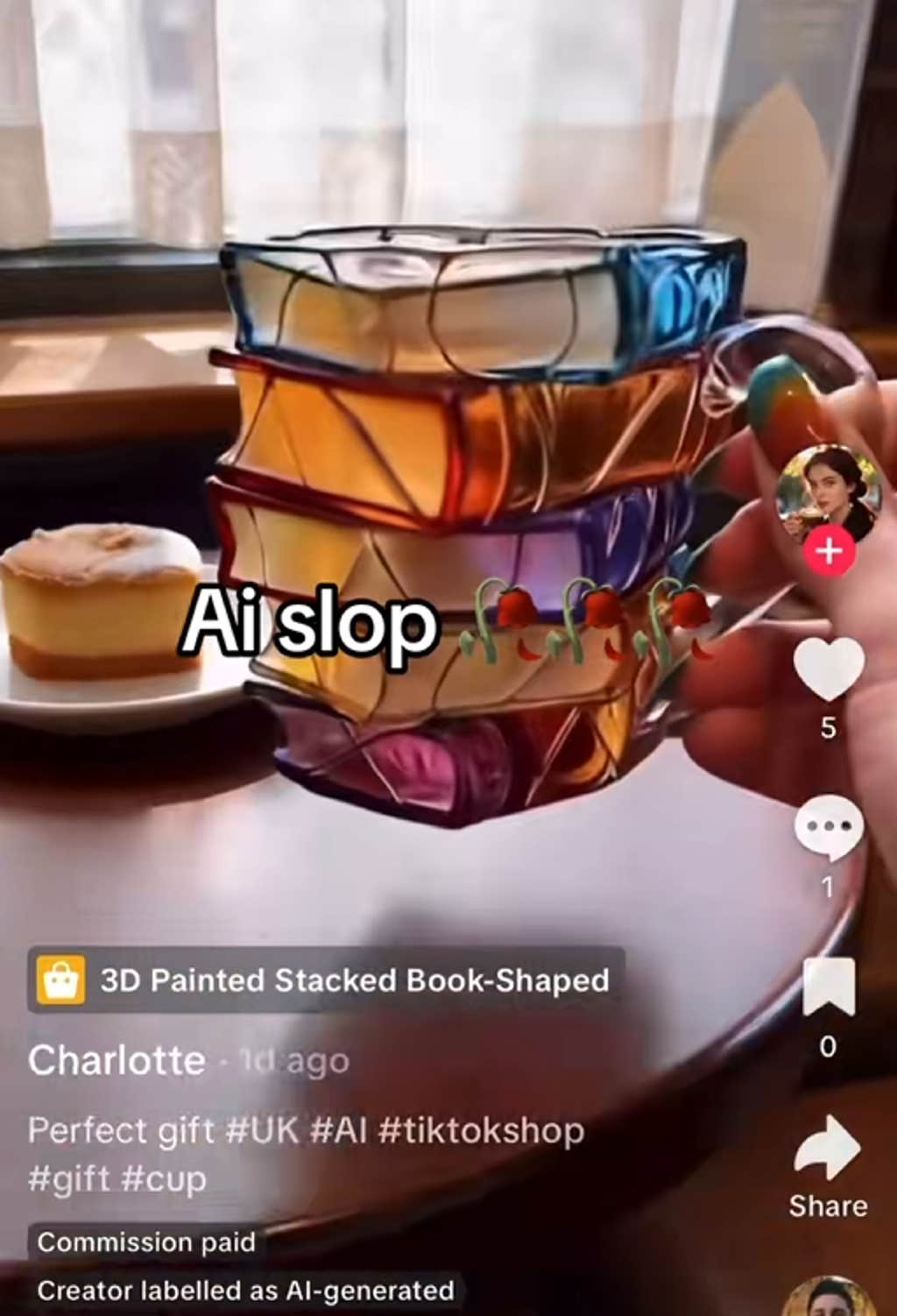 Vídeo do TikTok mostrando um anúncio de IA de uma caneca em forma de pilha de livros.