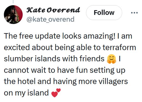 Tweet that reads, "The free update looks amazing! I am excited about being able to terraform slumber islands with friends 🤗 I cannot wait to have fun setting up the hotel and having more villagers on my island 💕"