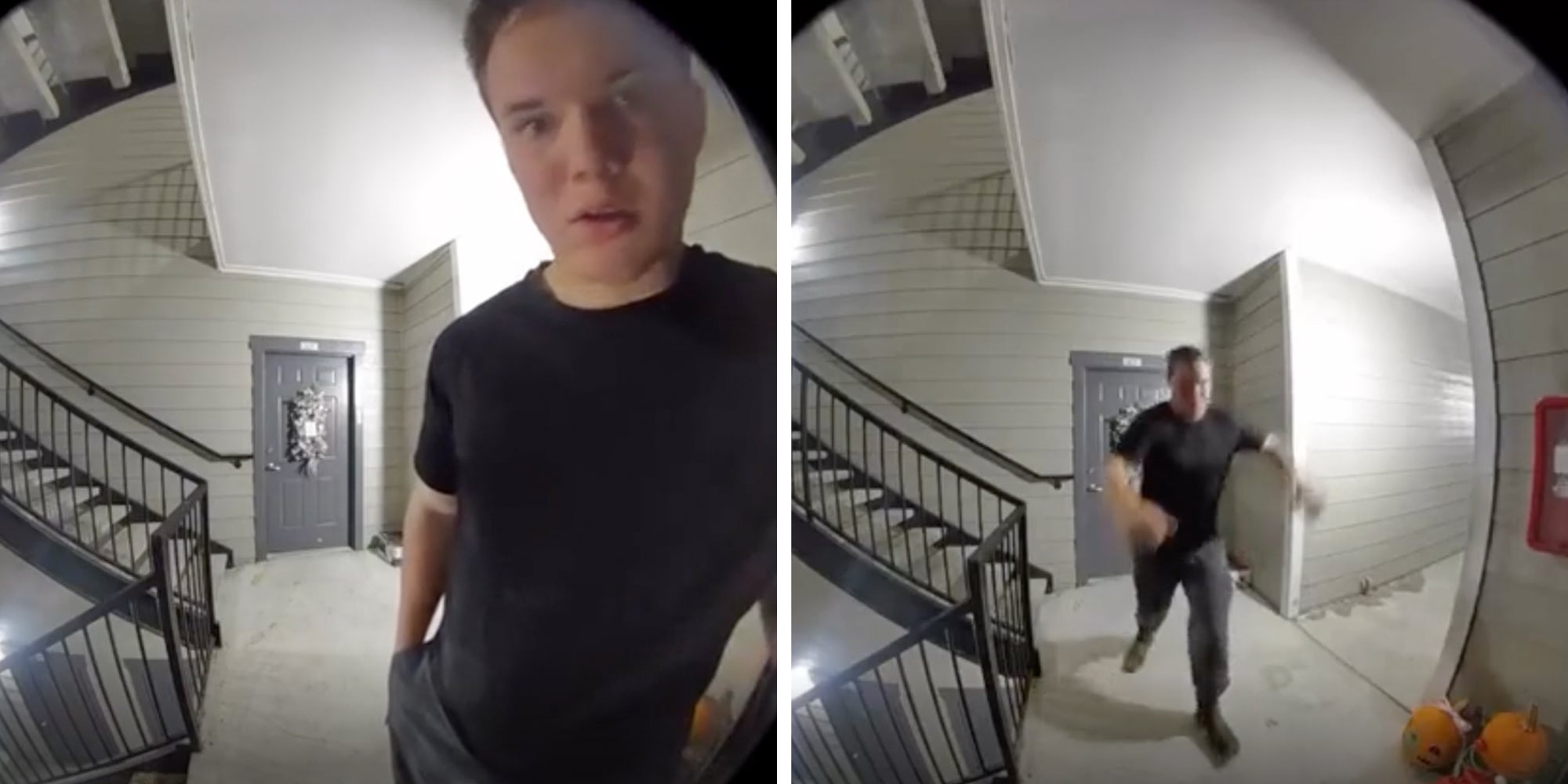 Side by side ring camera screenshots of a young man in a black shirt running towards a door as if to kick it down.