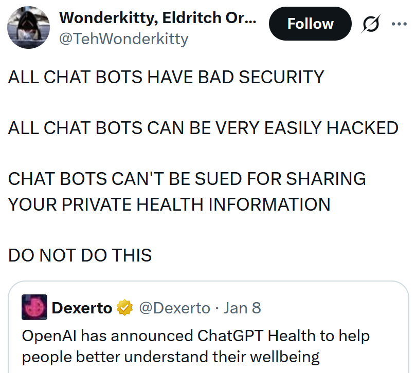 Tweet reading 'ALL CHAT BOTS HAVE BAD SECURITY ALL CHAT BOTS CAN BE VERY EASILY HACKED CHAT BOTS CAN'T BE SUED FOR SHARING YOUR PRIVATE HEALTH INFORMATION DO NOT DO THIS'