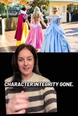 Photo from behind of three Disney princess character actors. A woman green screened over them says, "Character integrity gone."