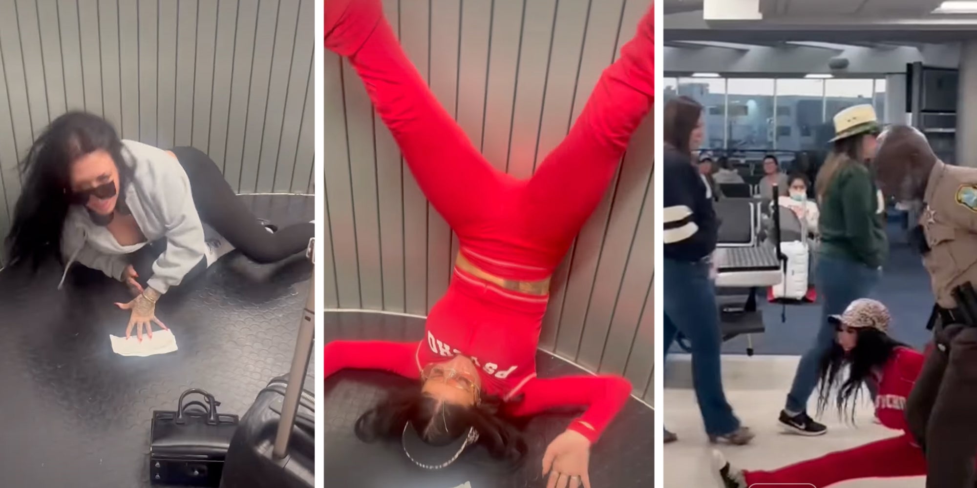 3 Panel: Left: Woman on the floor with a suitcase by her side. Middle: Woman standing upside down while wearing a red outfit with the shirt reading 'psycho.' Right: Woman in red outfit doing splits in an airport as a police officer escorts her.
