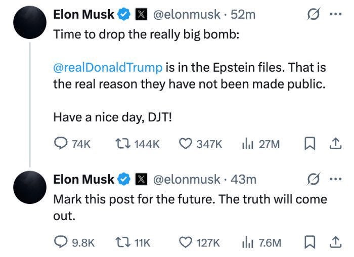 Elon Musk tweets accusing Donald Trump of being in the Epstein files.