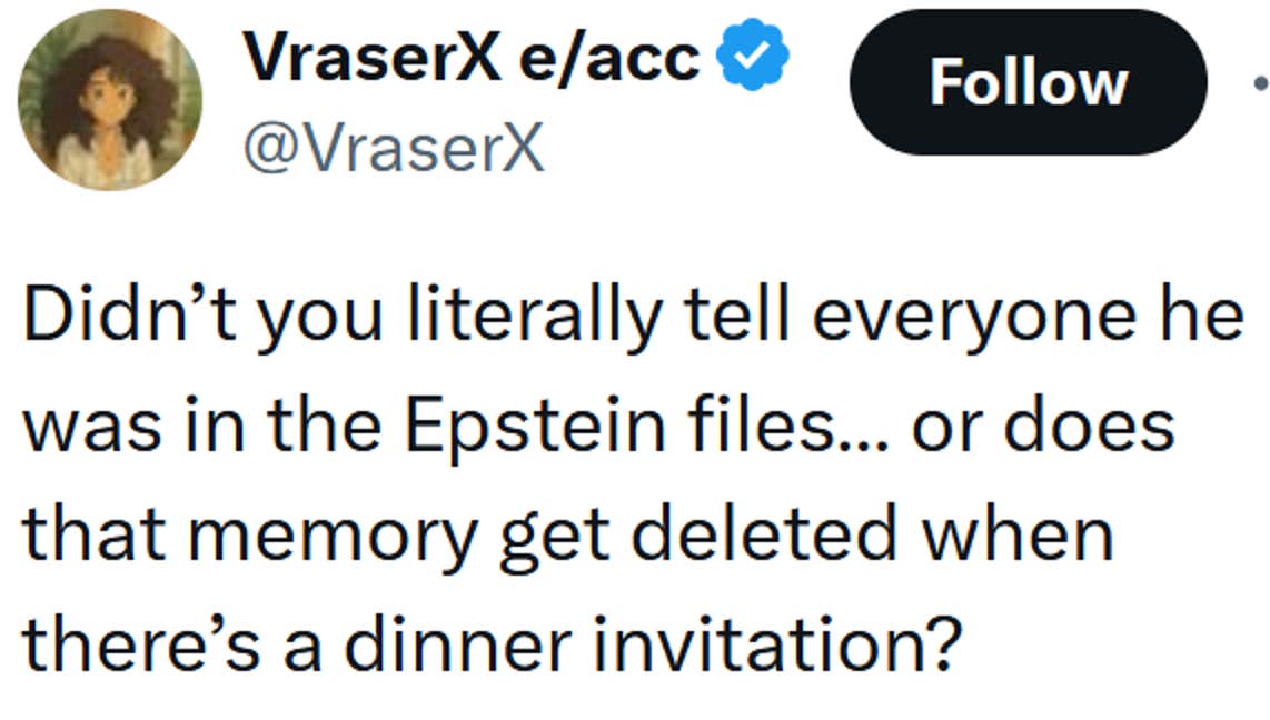 Tweet lendo 'Você não disse literalmente a todo mundo que ele estava nos arquivos de Epstein... ou essa memória é apagada quando há um convite para jantar?'