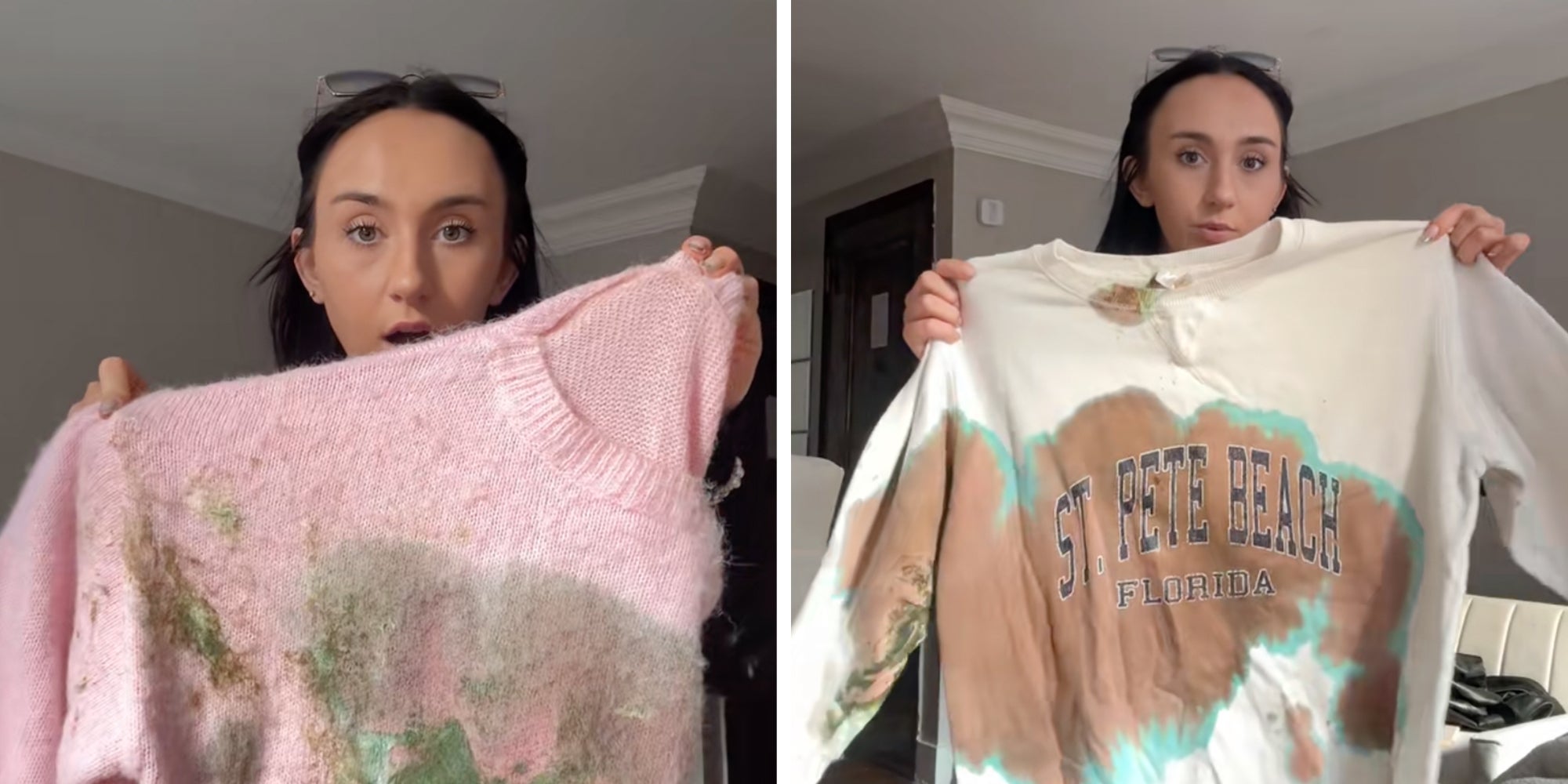 Left: Brunette girl holding up a pink sweater covered in green stains, appears to be mold. Right: Brunette girl holding up a stained white crewneck sweatshirt that reads St. Pete Beach Florida.