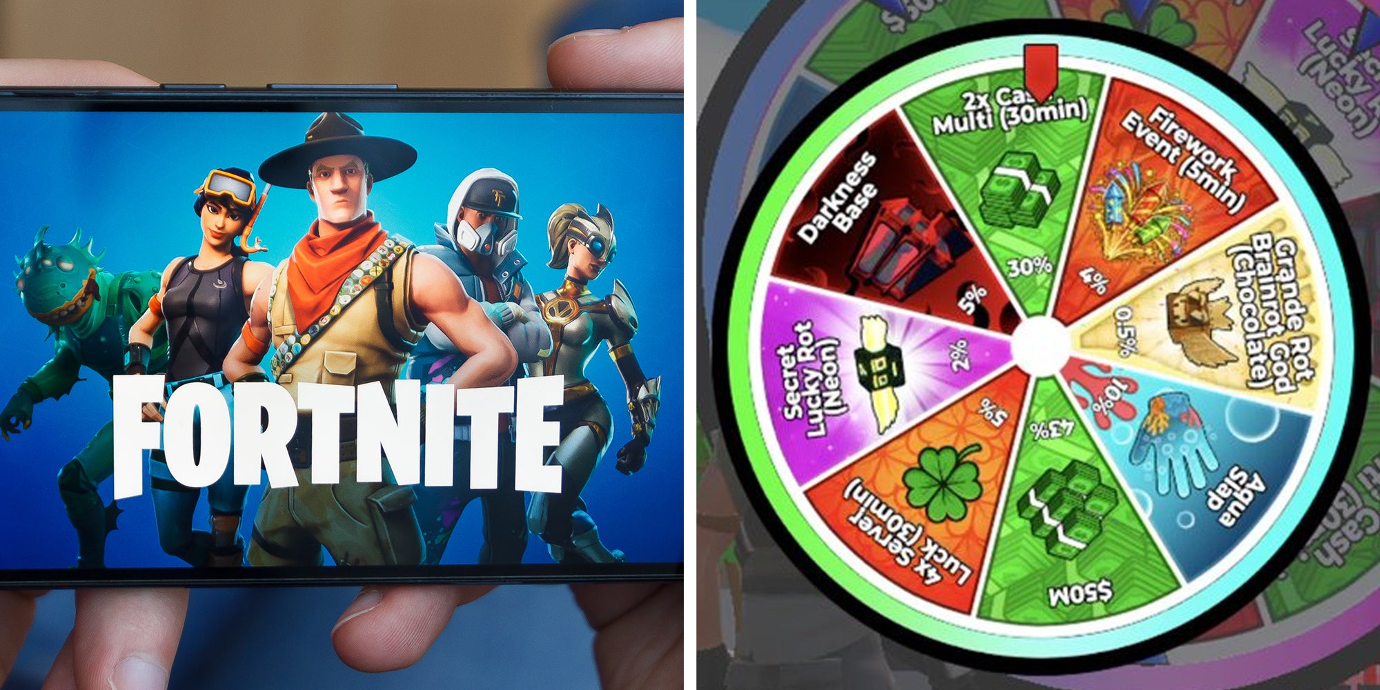 Left: Man holding a smartphone and playing the Fortnite game on the smartphone screen. Right: Gambling style wheel in 'Steal The Brainrot,' a developer game within the Fortnite video game.