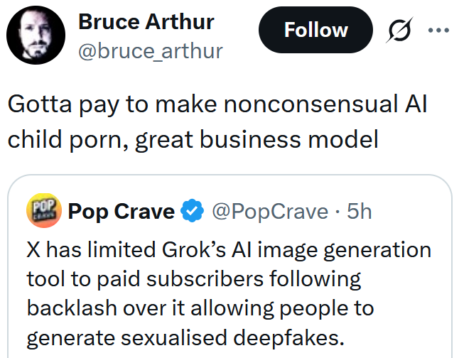 Tweet reading 'Gotta pay to make nonconsensual AI child porn, great business model'