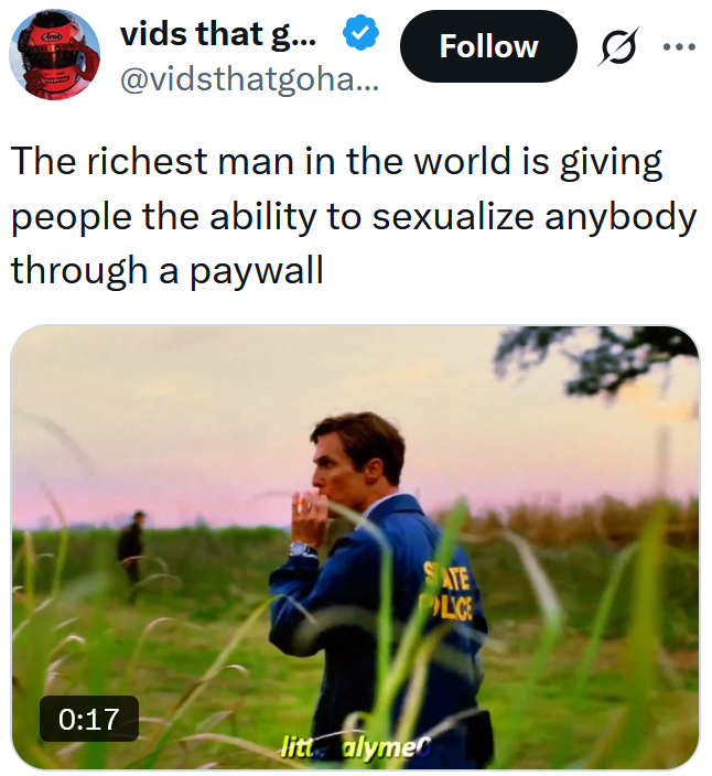 Tweet reading 'The richest man in the world is giving people the ability to sexualize anybody through a paywall' with a clip of a smoking state police officer.