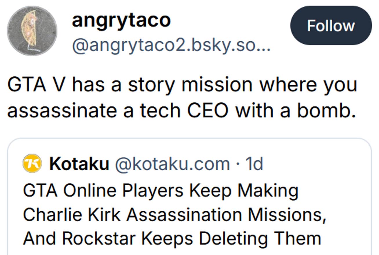 Postagem de Bluesky lendo 'GTA V tem uma missão de história em que você assassina um CEO de tecnologia com uma bomba.'