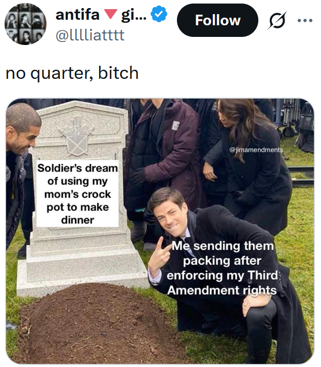 Tweet reading 'no quarter, bitch' with a man posing next to a grave meme.