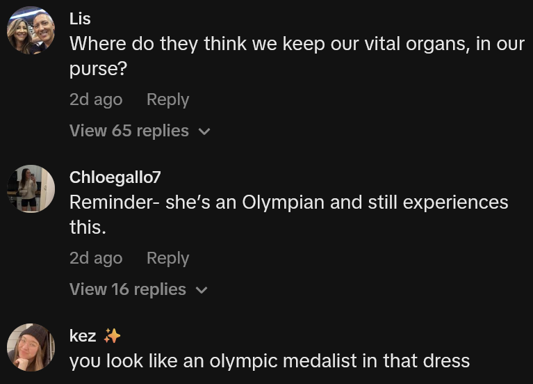 TikTok comments including one reading 'Where do they think we keep our vital organs, in our purse?'