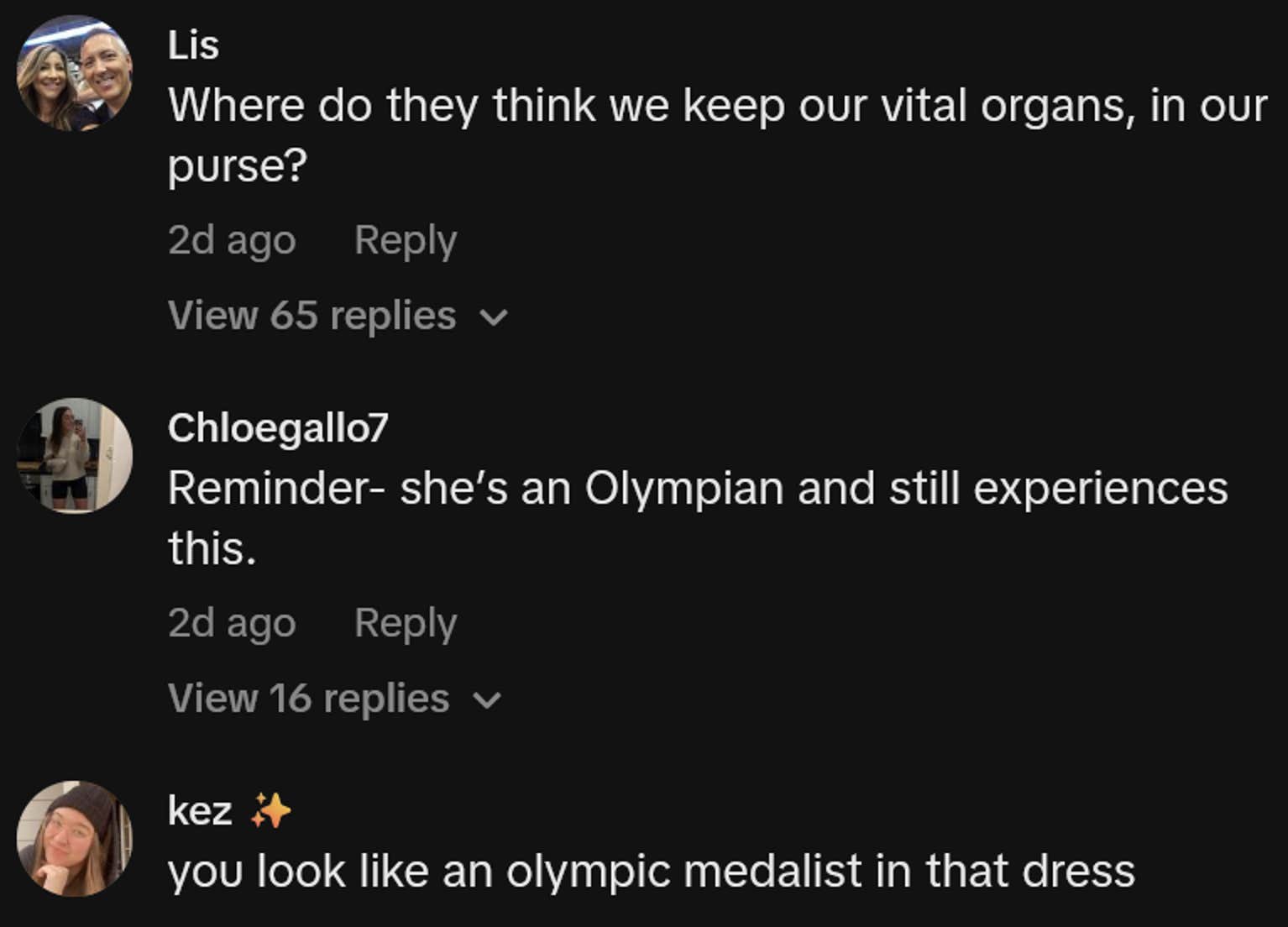 Comentários do TikTok incluindo uma leitura 'Onde eles acham que guardamos nossos órgãos vitais, em nossa bolsa?'