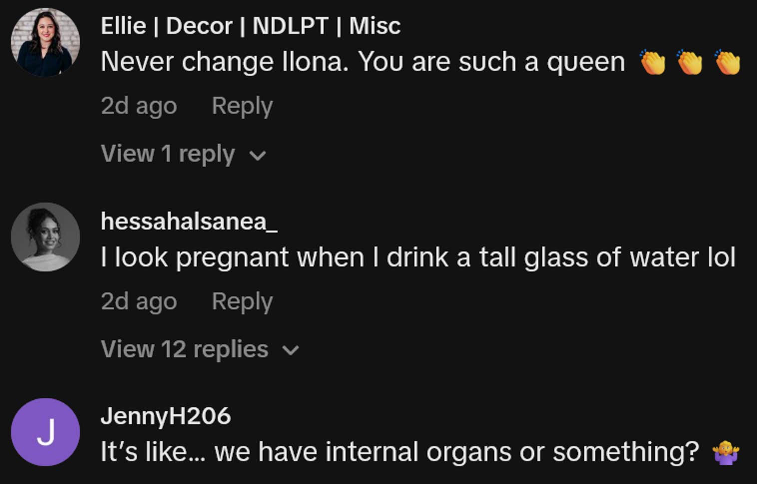 Comentários do TikTok, incluindo um que diz 'Nunca mude Ilona. Você é uma rainha.