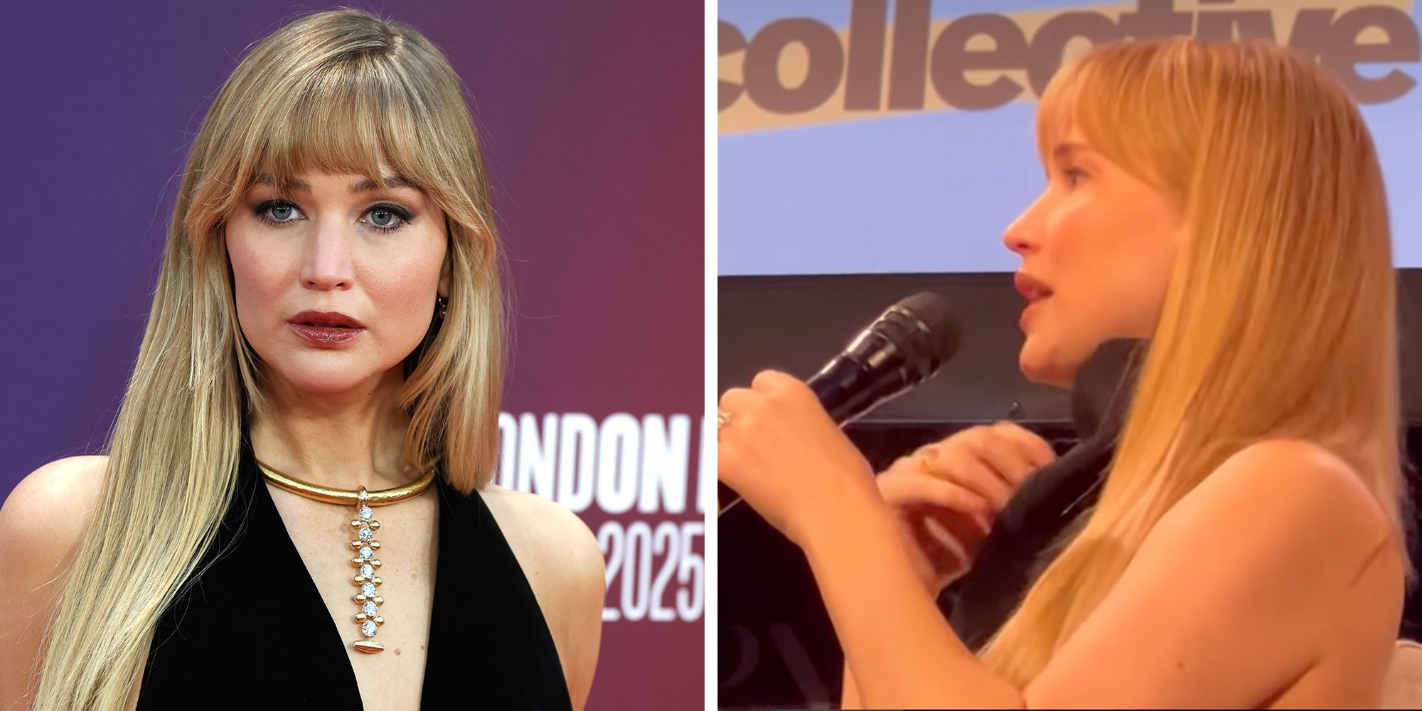 Left: Jennifer Lawrence attends the 'Die My Love' UK premiere at the 69th BFI London Film Festival at The Royal Festival Hall. Right: Actress Jennifer Lawrence speaking into a microphone, side-angle view.