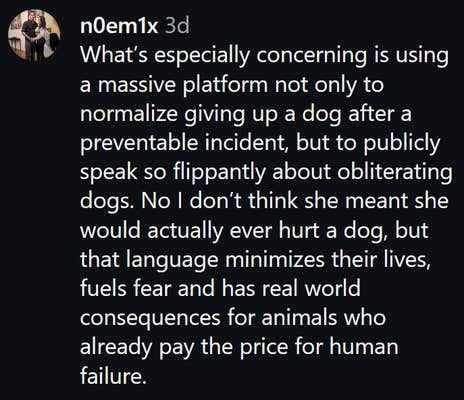 Instagram comment reading "What’s especially concerning is using a massive platform not only to normalize giving up a dog after a preventable incident, but to publicly speak so flippantly about obliterating dogs. No I don’t think she meant she would actually ever hurt a dog, but that language minimizes their lives, fuels fear and has real world consequences for animals who already pay the price for human failure."