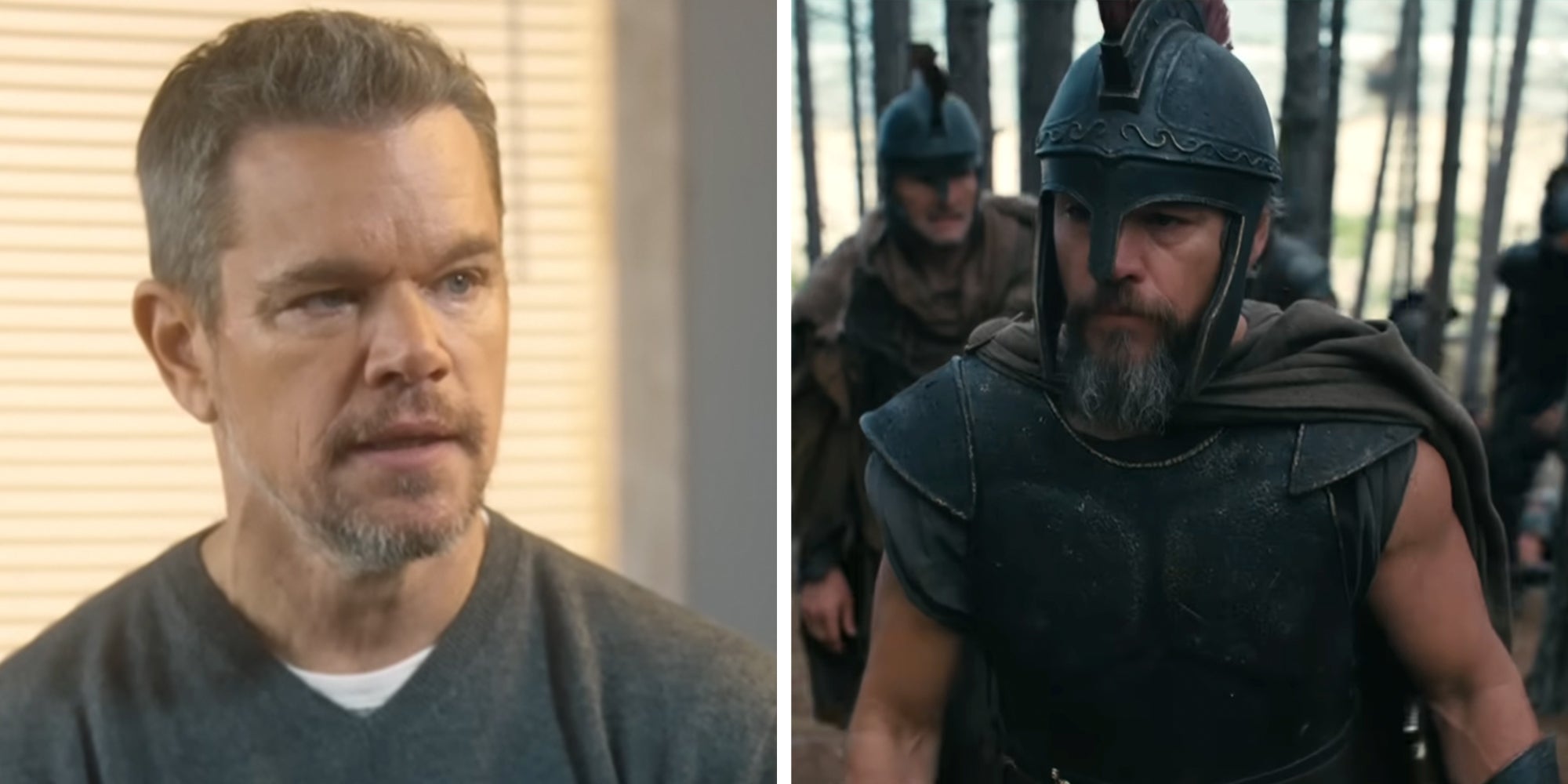 Left: Matt Damon during an interview. Right: Matt Damon in costume as Odysseus in Christopher Nolan's "The Odyssey."