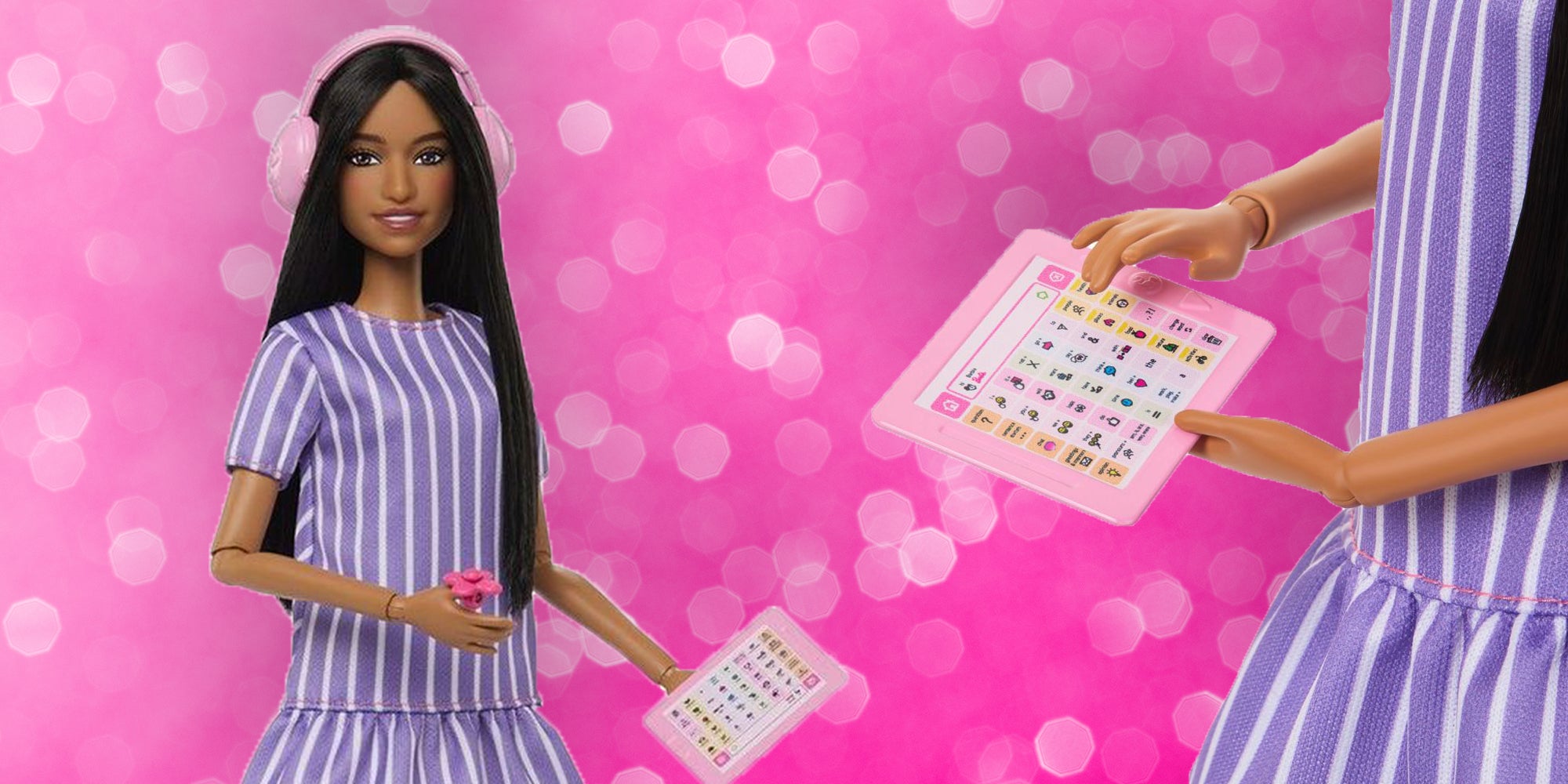 Barbie pink tones glowing sparkles blurred background. Mattel's new Autistic Barbie overlay.