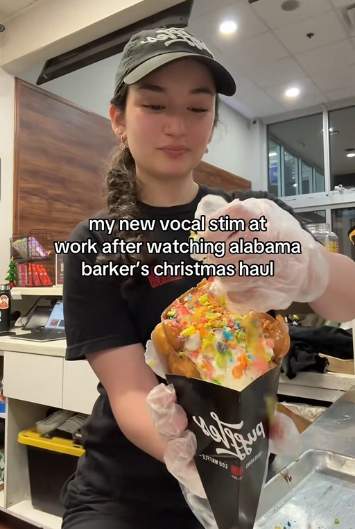 TikTok video of a woman preparing a Hong Kong egg waffle with a caption reading 'my new vocal stim at work after watching alabama barker's christmas haul'