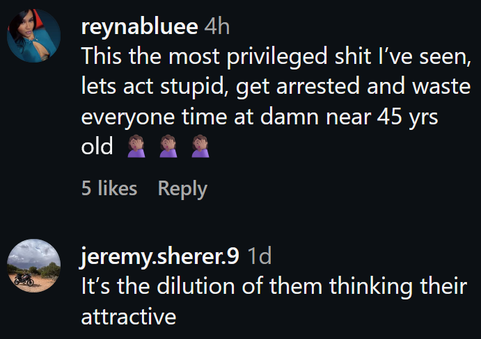 Instagram comments including one reading 'This the most privileged shit I’ve seen, lets act stupid, get arrested and waste everyone time at damn near 45 yrs old'