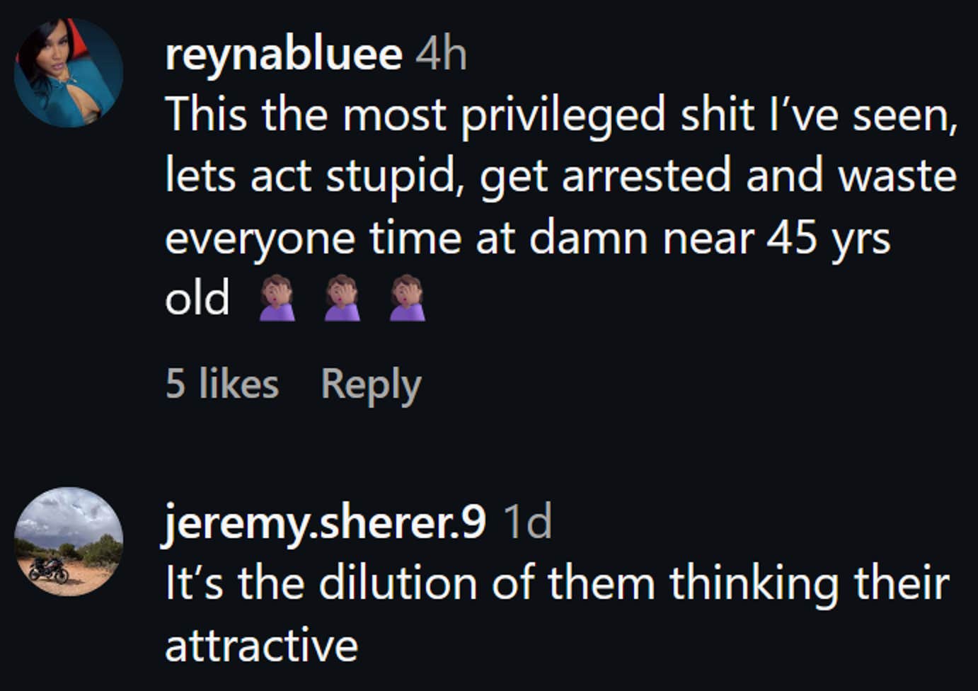 Comentários do Instagram, incluindo uma leitura: 'Esta é a merda mais privilegiada que já vi, vamos agir como estúpidos, ser presos e desperdiçar o tempo de todo mundo com quase 45 anos de idade'