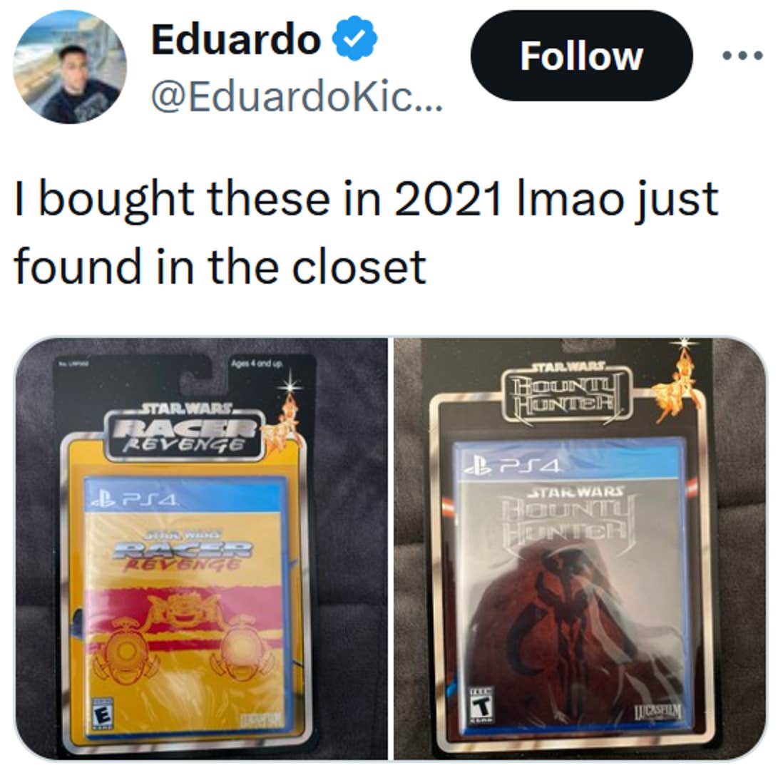 Tweet lendo 'Comprei estes em 2021, acabei de encontrar no armário' sobre fotos de dois jogos Star Wars PS4, incluindo Star Wars Racer Revenge.