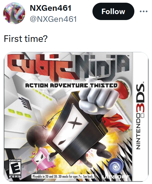 Tweet reading 'First time?' Below is an image of the box for the Nintendo 3DS game Cubic Ninja.