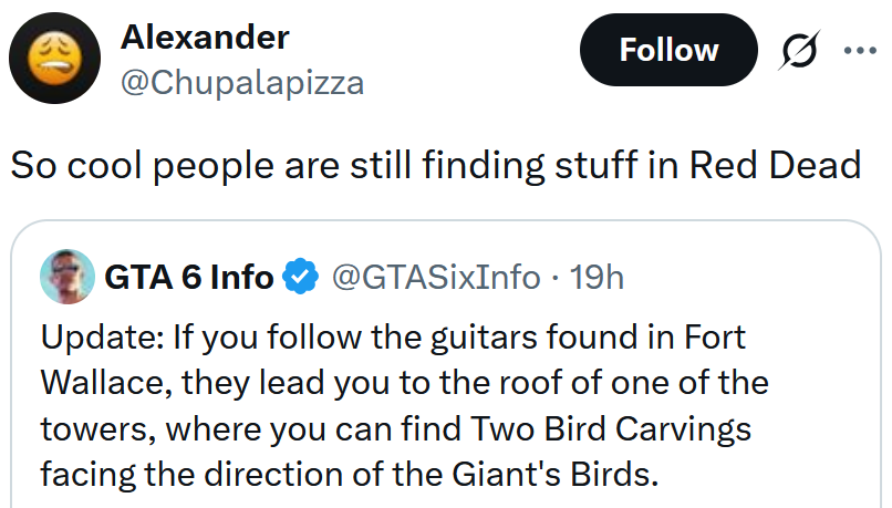 Tweet reading 'So cool people are still finding stuff in Red Dead'