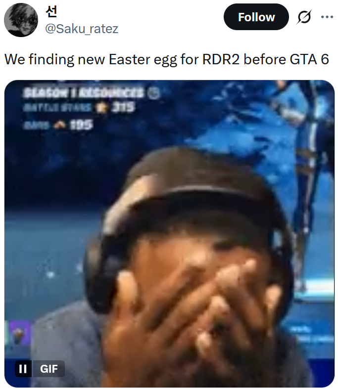 Tweet reading 'We finding new Easter egg for RDR2 before GTA 6' with a gif of a man putting his face in his hands.