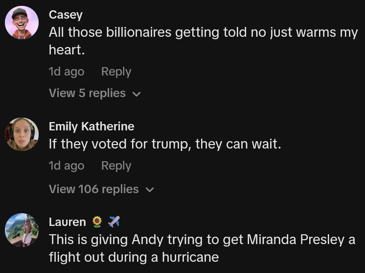TikTok comments including one reading 'All those billionaires getting told no just warms my heart.'