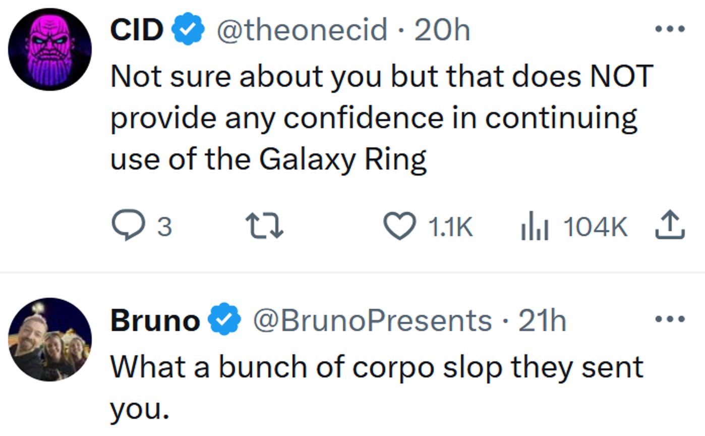 Tweets com os dizeres 'Não tenho certeza sobre você, mas isso NÃO fornece nenhuma confiança no uso contínuo do Galaxy Ring' e 'Que monte de lixo corporal eles enviaram para você.'