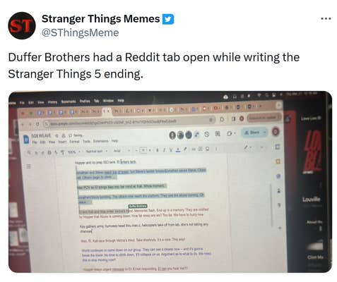 Tweet that reads, "Duffer Brothers had a Reddit tab open while writing the Stranger Things 5 ending."