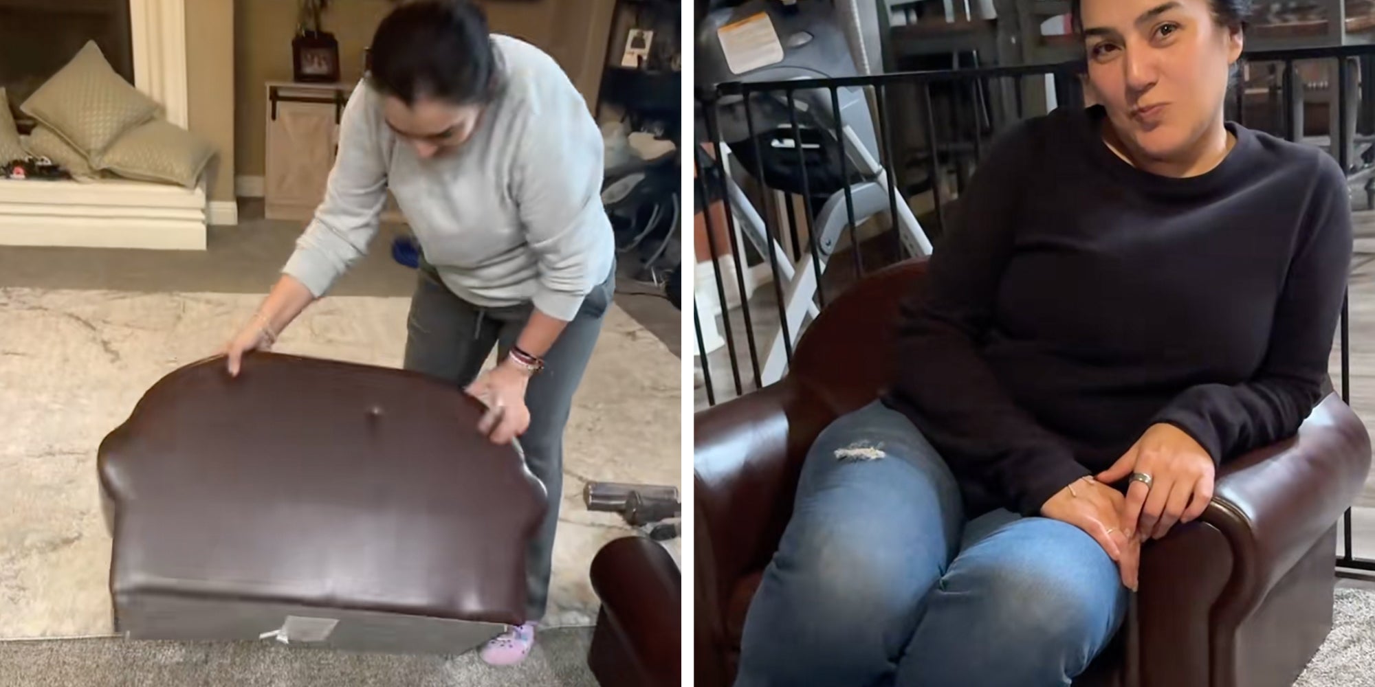 Left: Woman holding a tiny couch in her living room. Right: Woman sitting in a tiny brown couch smiling.
