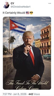 Edited image of Trump holding a supposed Cuban cigar in his mouth, standing in front of the Cuban flag on a street presumably in Cuba. Text reads, "The finest in the world Cuban cigars."