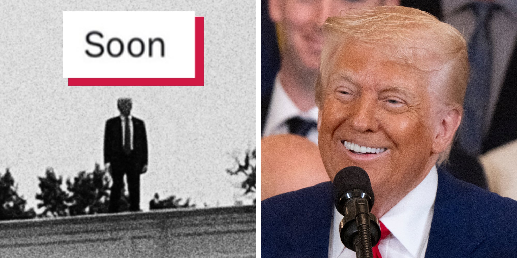Left: Truth Social post reposted by President Donald Trump: A grainy, black-and-white photo of Donald Trump standing on the roof of the white house, text overlay reads, "Soon." Right: President Donald Trump smiling into a microphone while hosting the Los Angeles Dodgers in the White House to celebrate their 2024 World Series victory.
