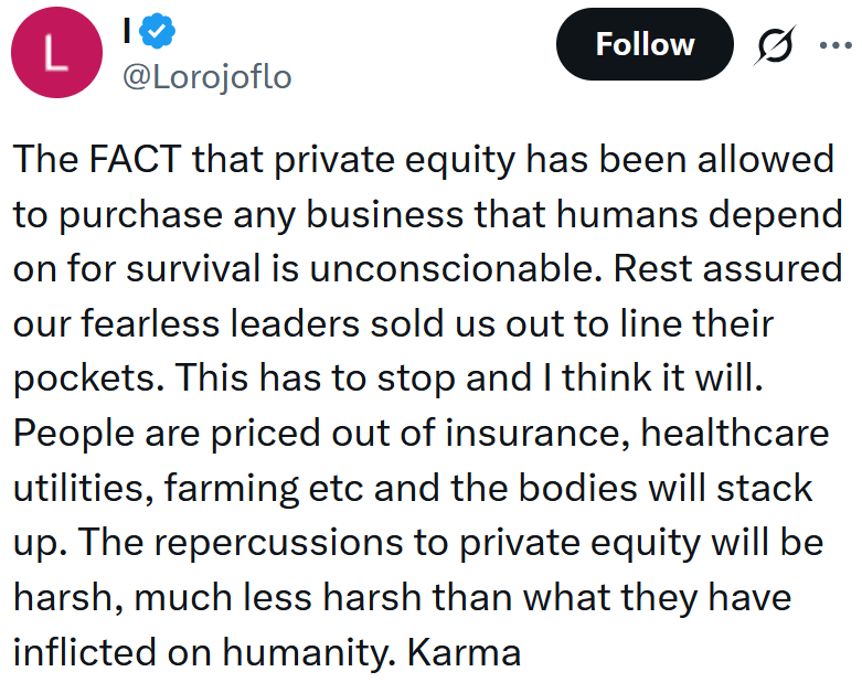 Tweet reading 'The FACT that private equity has been allowed to purchase any business that humans depend on for survival is unconscionable. Rest assured our fearless leaders sold us out to line their pockets. This has to stop and I think it will. People are priced out of insurance, healthcare utilities, farming etc and the bodies will stack up. The repercussions to private equity will be harsh, much less harsh than what they have inflicted on humanity. Karma'